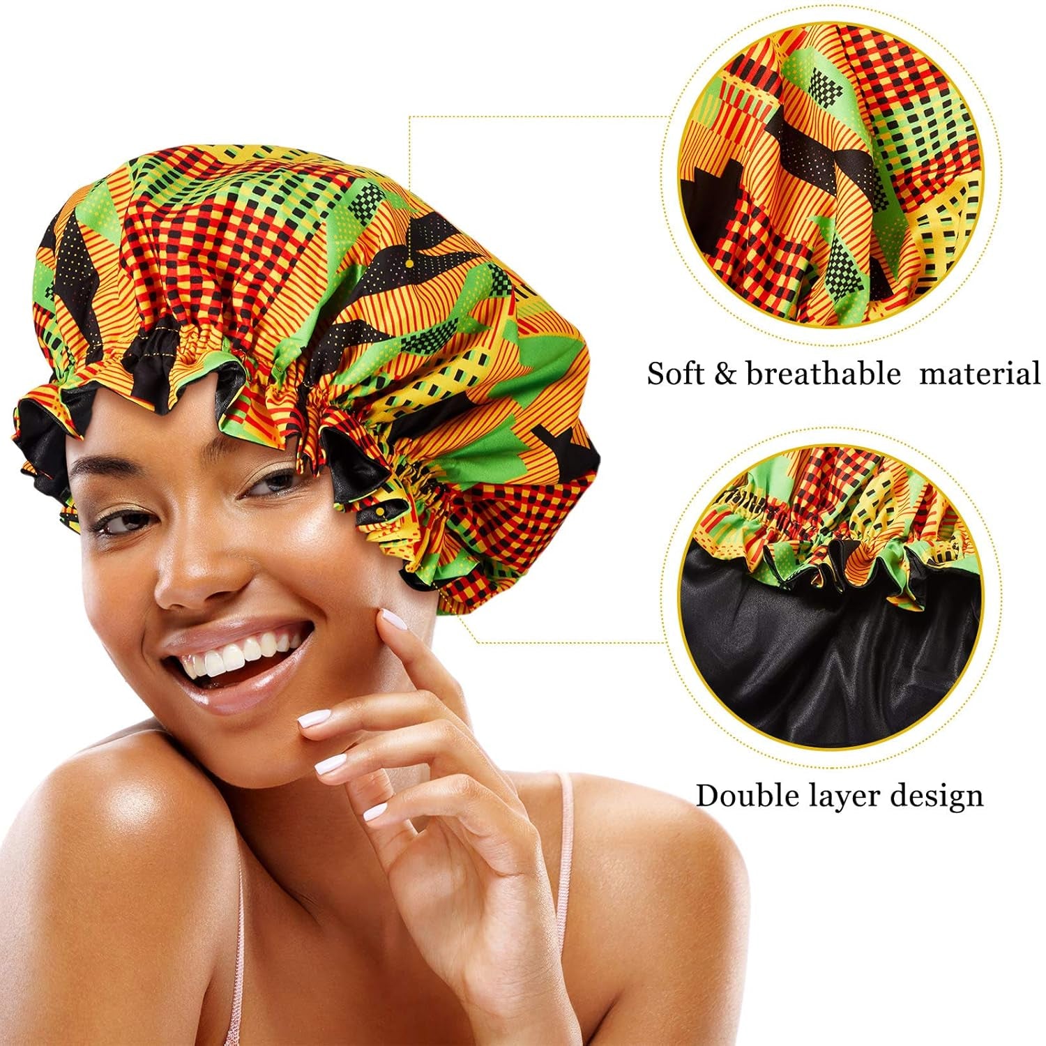 2 Pieces Large Satin Sleep Bonnet African Silky Adjustable Bonnet Sleeping Caps for Curly Hair Black for Girls Women (Retro Patterns)