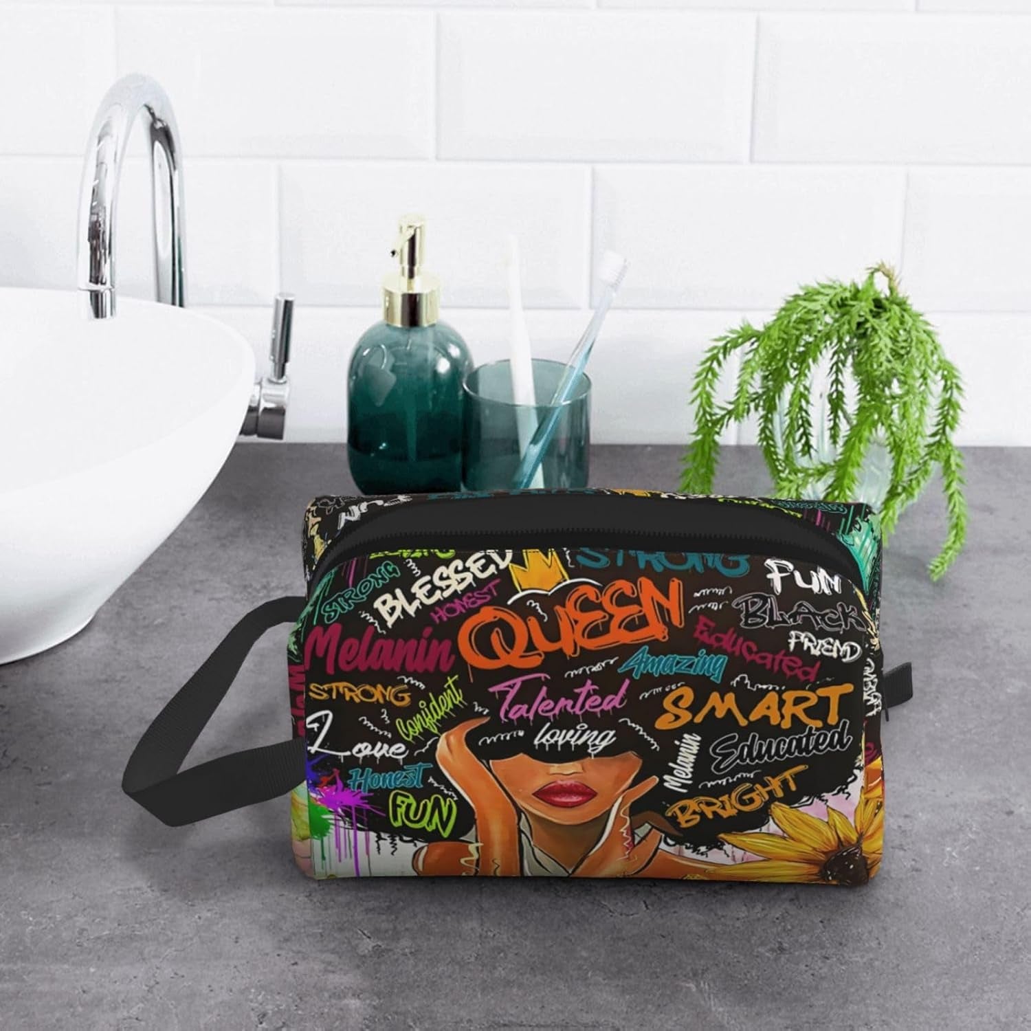 African American Woman Makeup Bag Waterproof Cosmetic Bag Large Travel Toiletry Bag for Girls Women